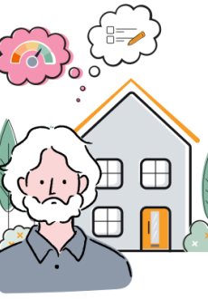 A graphic of an elderly man in front of a house with speech bubbles of graphs and notebooks