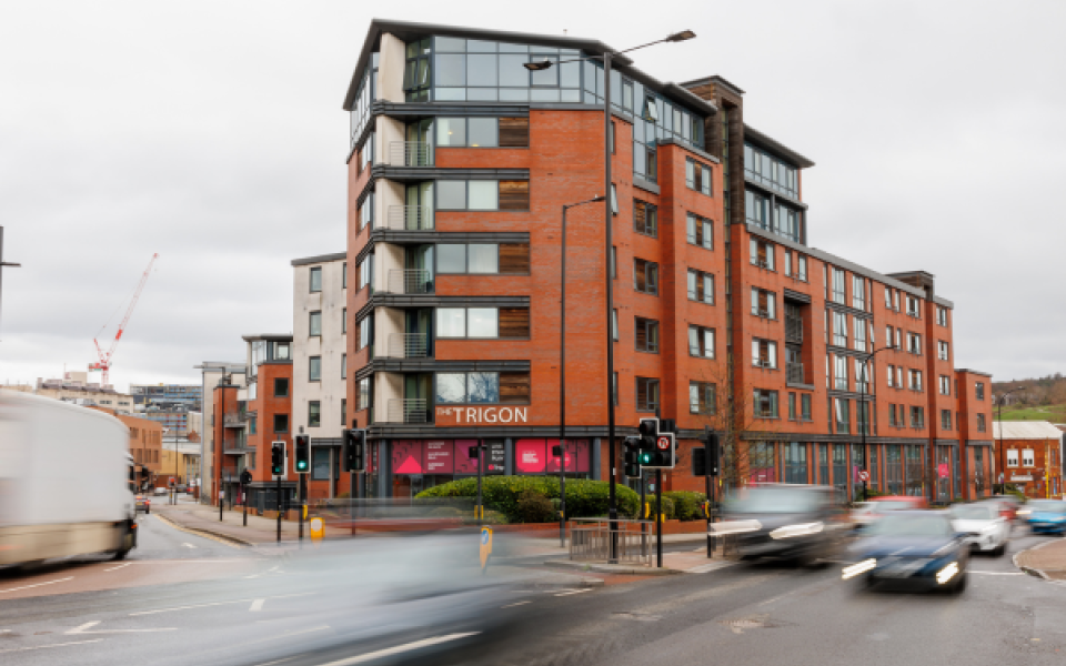 The outside of the Trigon block of flats