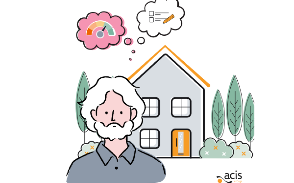 A graphic of an elderly man in front of a house with speech bubbles of graphs and notebooks