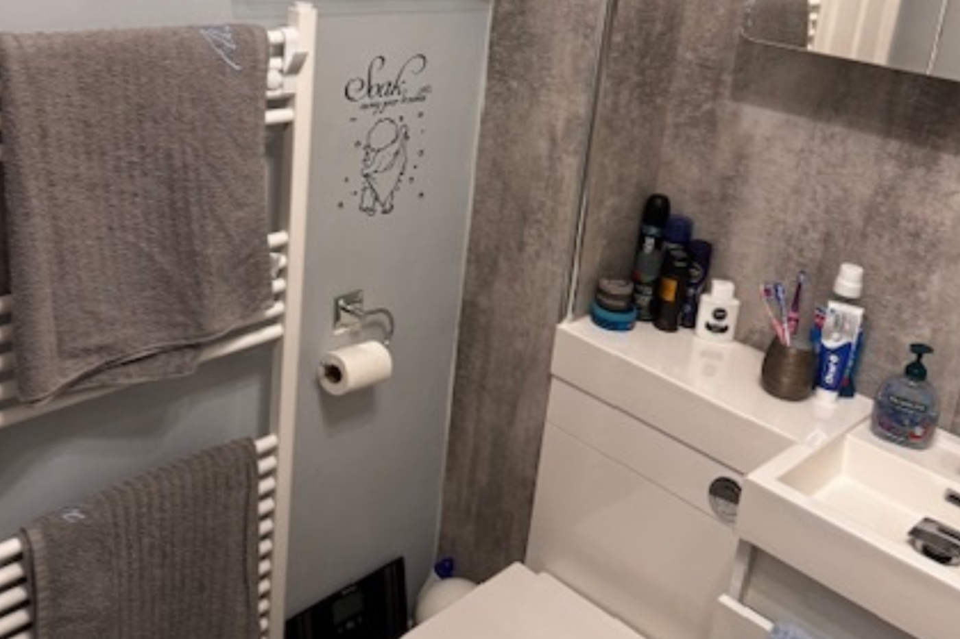 A picture of a bathroom showing a a white toilet, a white sink and a white towel rack