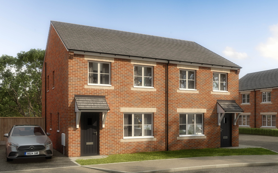 CGI of the front of a semi detached home with a garden and driveway