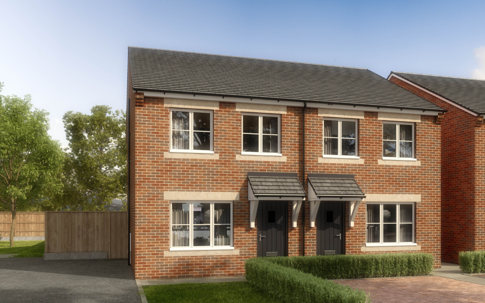 CGI of the front of a semi detached home with a garden and driveway