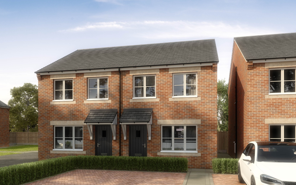 CGI of the front of a semi detached home with spaces for cars to park at the front