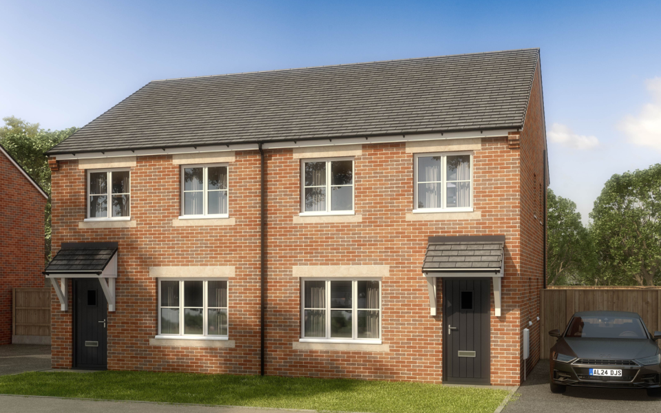 CGI of the front of a semi detached home with a garden and driveway